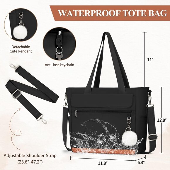 Women Black Multi-Pocket Waterproof Travel Canvas Tote Bags with Zipper - Picture 2 of 6